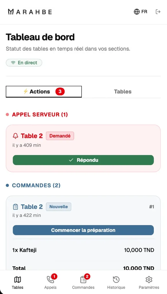 Marahbe staff app — live waiter calls and table status